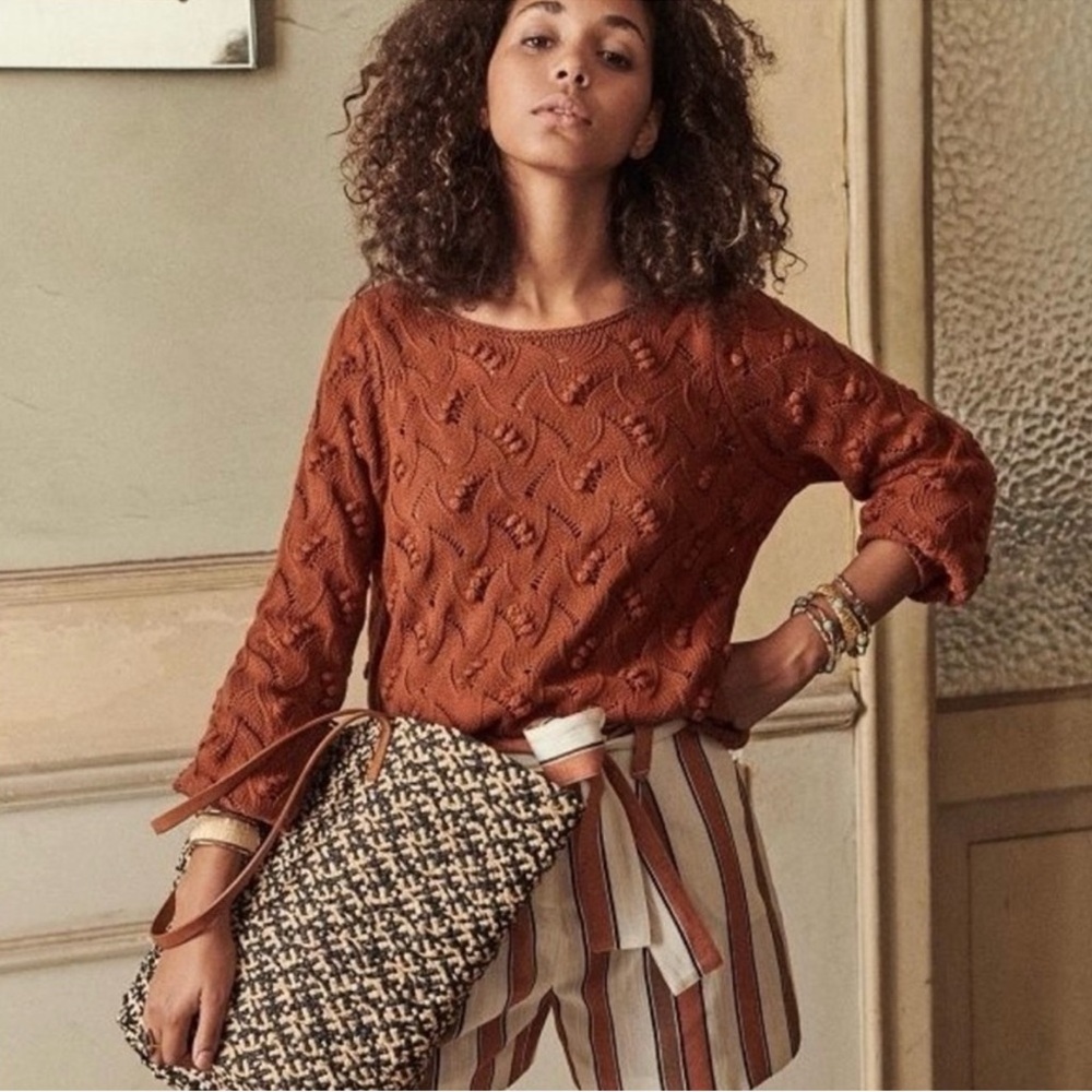 Sezane Yvette Cotton Jumper Openwork Cable Knit Sweater in Rust